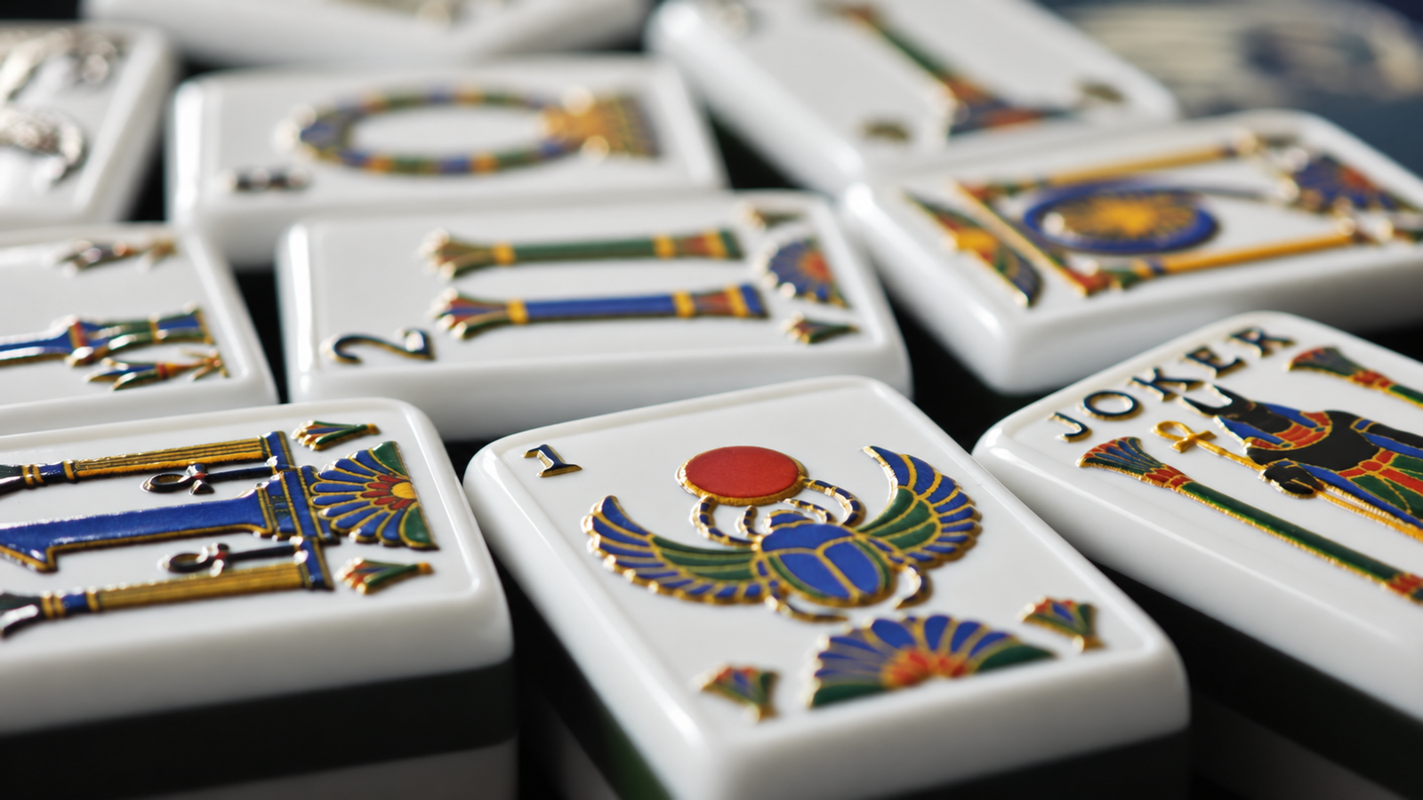 Raised Mahjong artwork catching the light — AI-retouched sample photograph