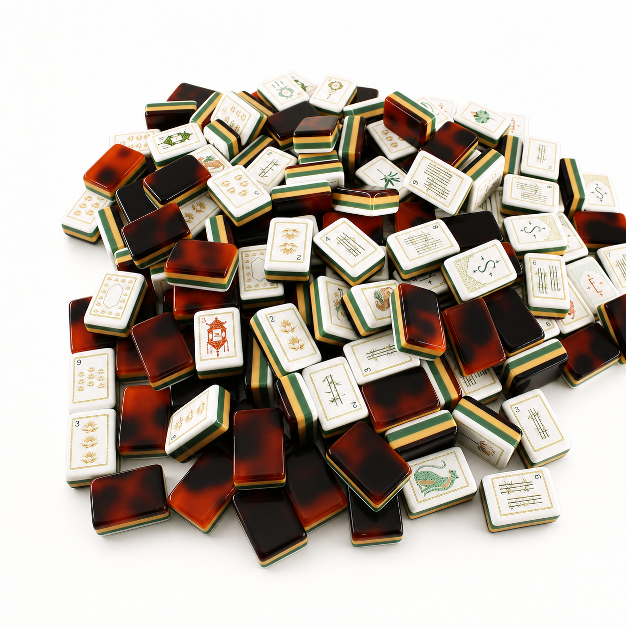 Amber Pavilion four-layer acrylic American Mahjong tiles in a high-key studio setting