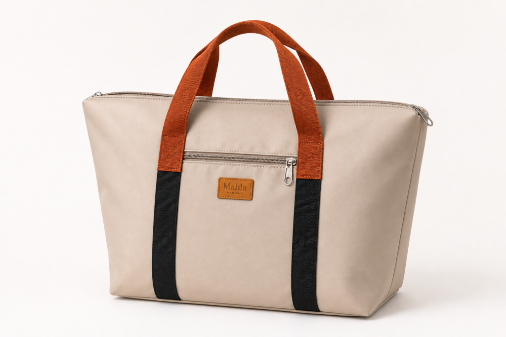 Mahla zip-top mahjong tote bag in beige with rust handles and black webbing