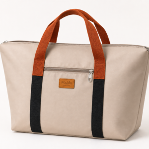 Mahla zip-top mahjong tote bag in beige with rust handles and black webbing