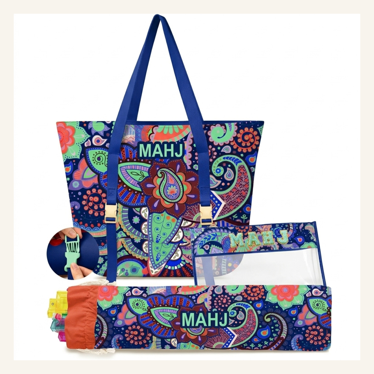 Mahla Navy Paisley Mahjong Tote Set