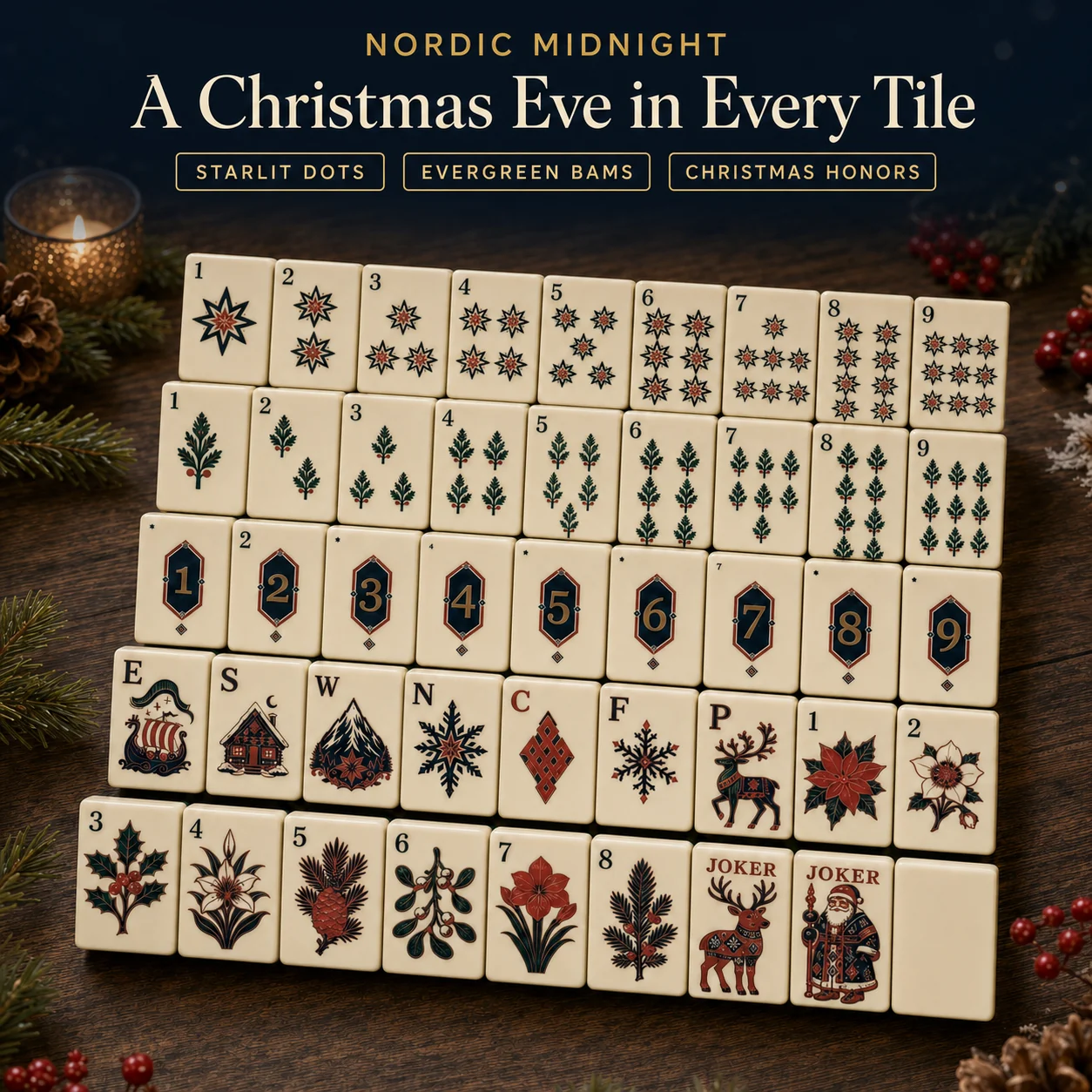 Nordic Midnight Christmas American Mahjong tiles displayed without cropping