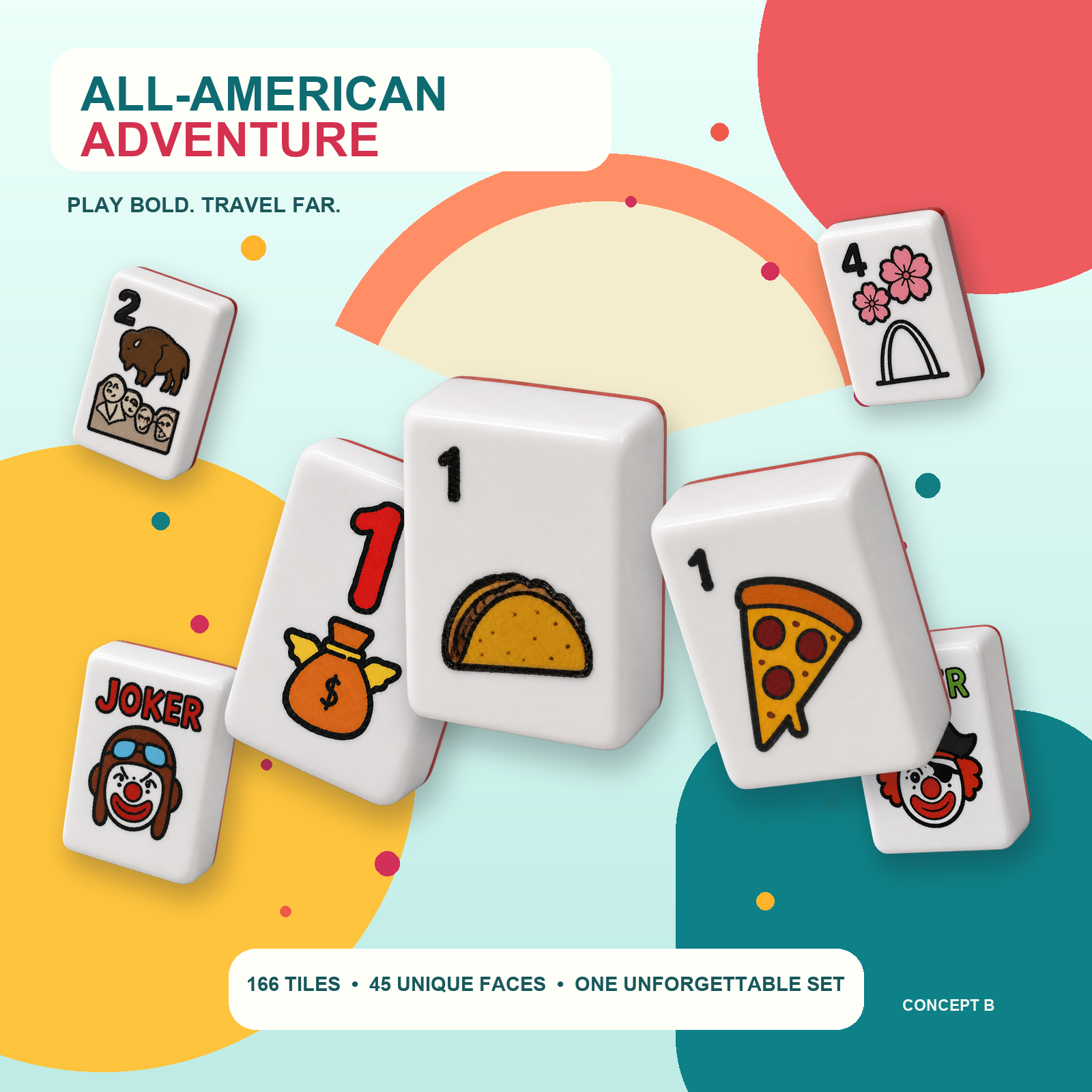 All-American Adventure American Mahjong tiles in a bright road-trip theme