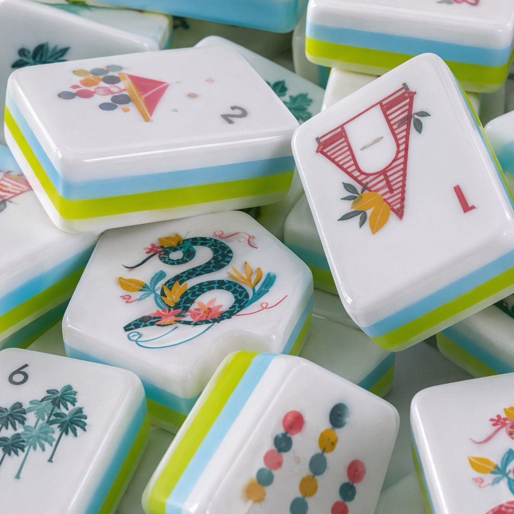 Close view of white acrylic Mahjong tile faces with blue and lime layered edges