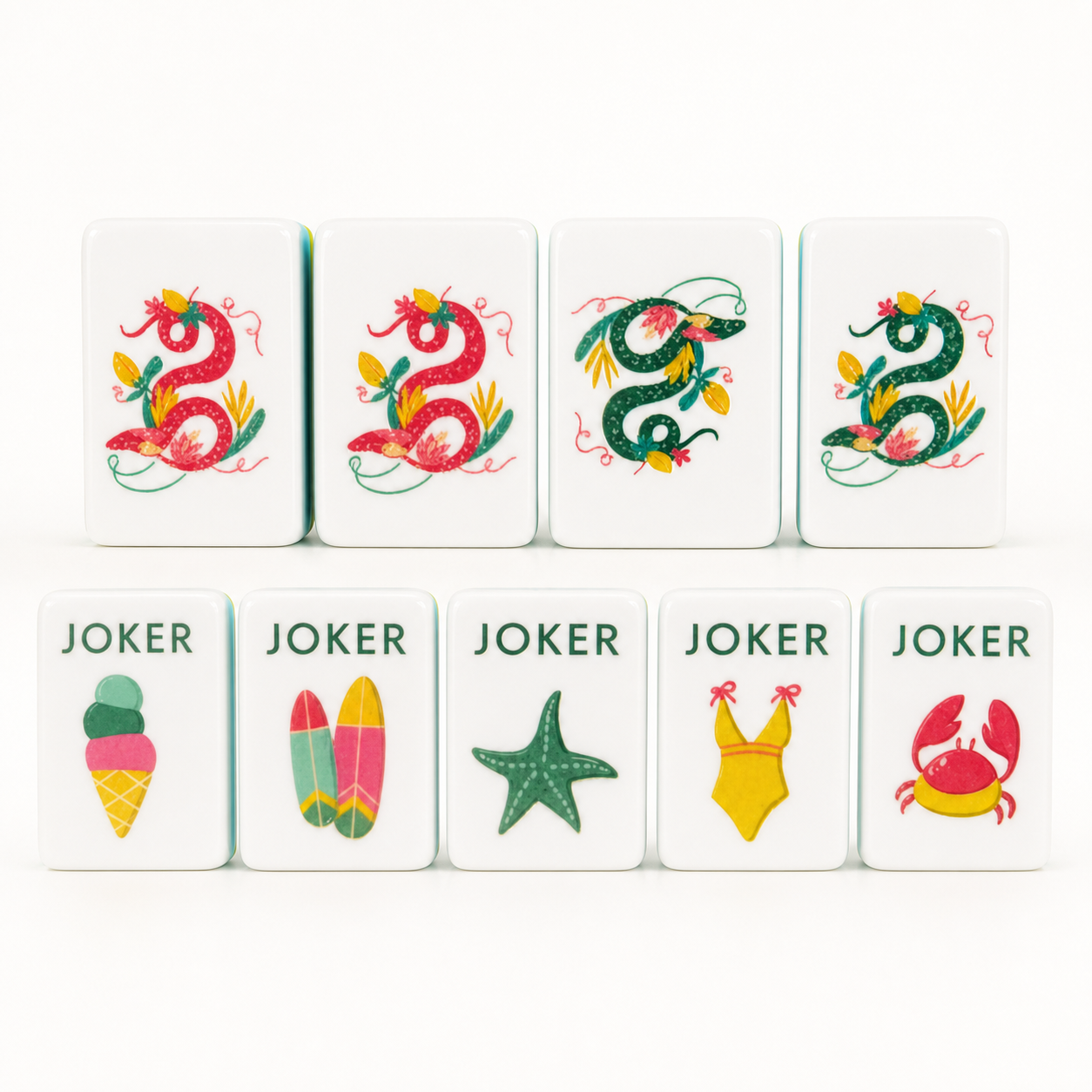 Tropical Dragon and Joker Mahjong tile artwork on a bright studio background