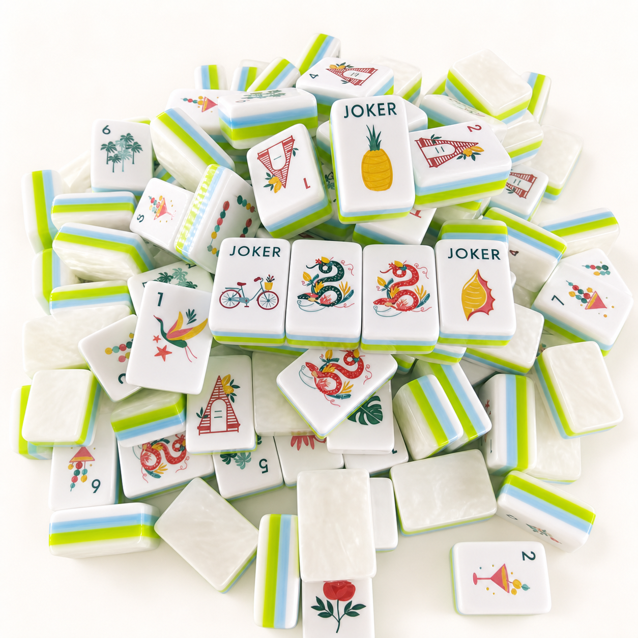 Hawaii Beach acrylic Mahjong tiles showing tropical faces and layered sides on a bright studio background