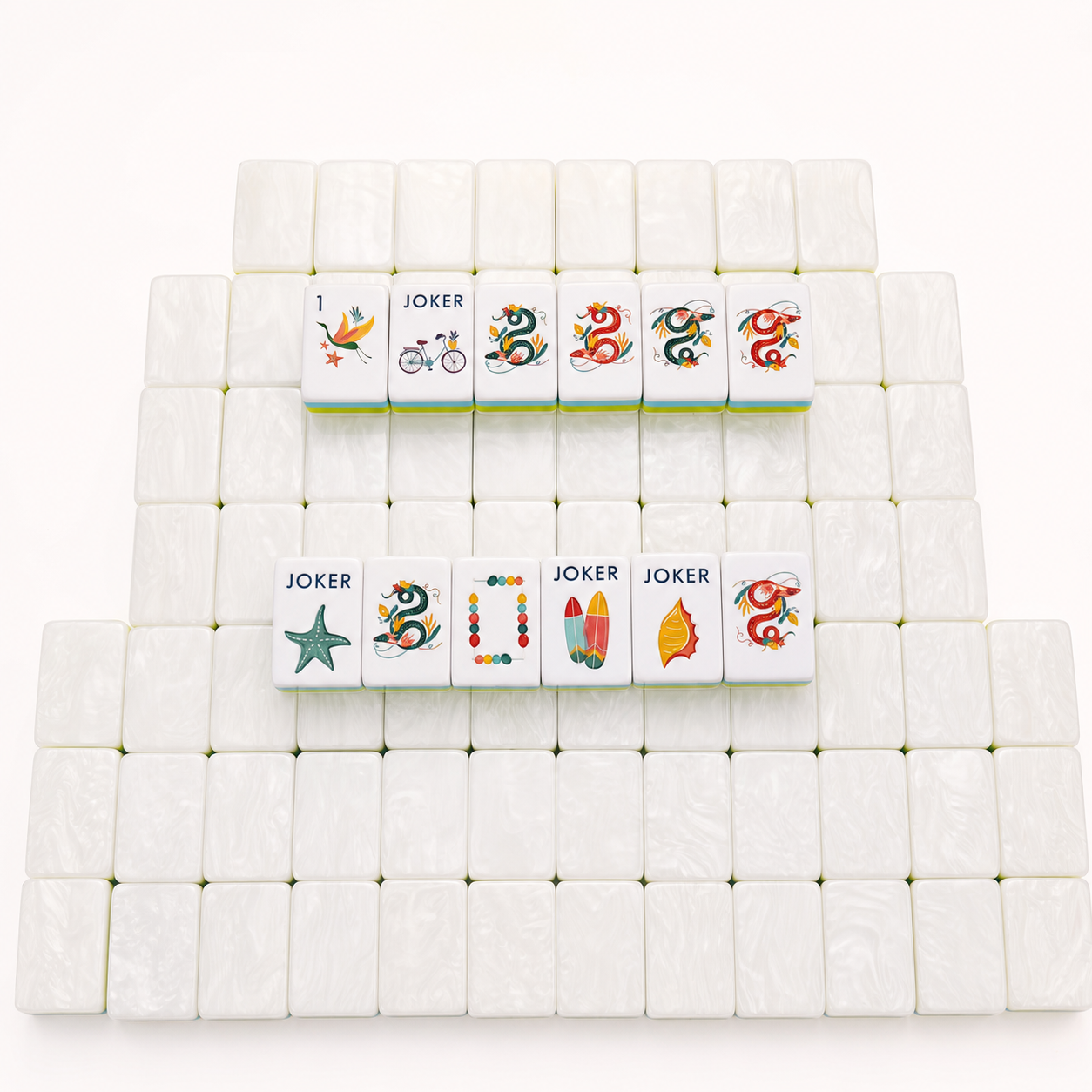 Pearlescent white tile backs blank tiles and selected tropical designs