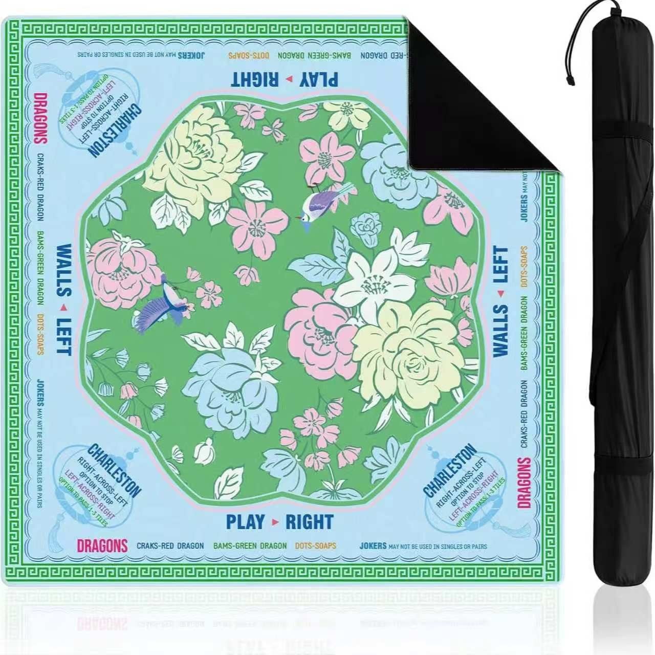 Mahla Green Floral Compass Mahjong Mat with Storage Bag - 80x80cm, 80x80cm American mahjong mat
