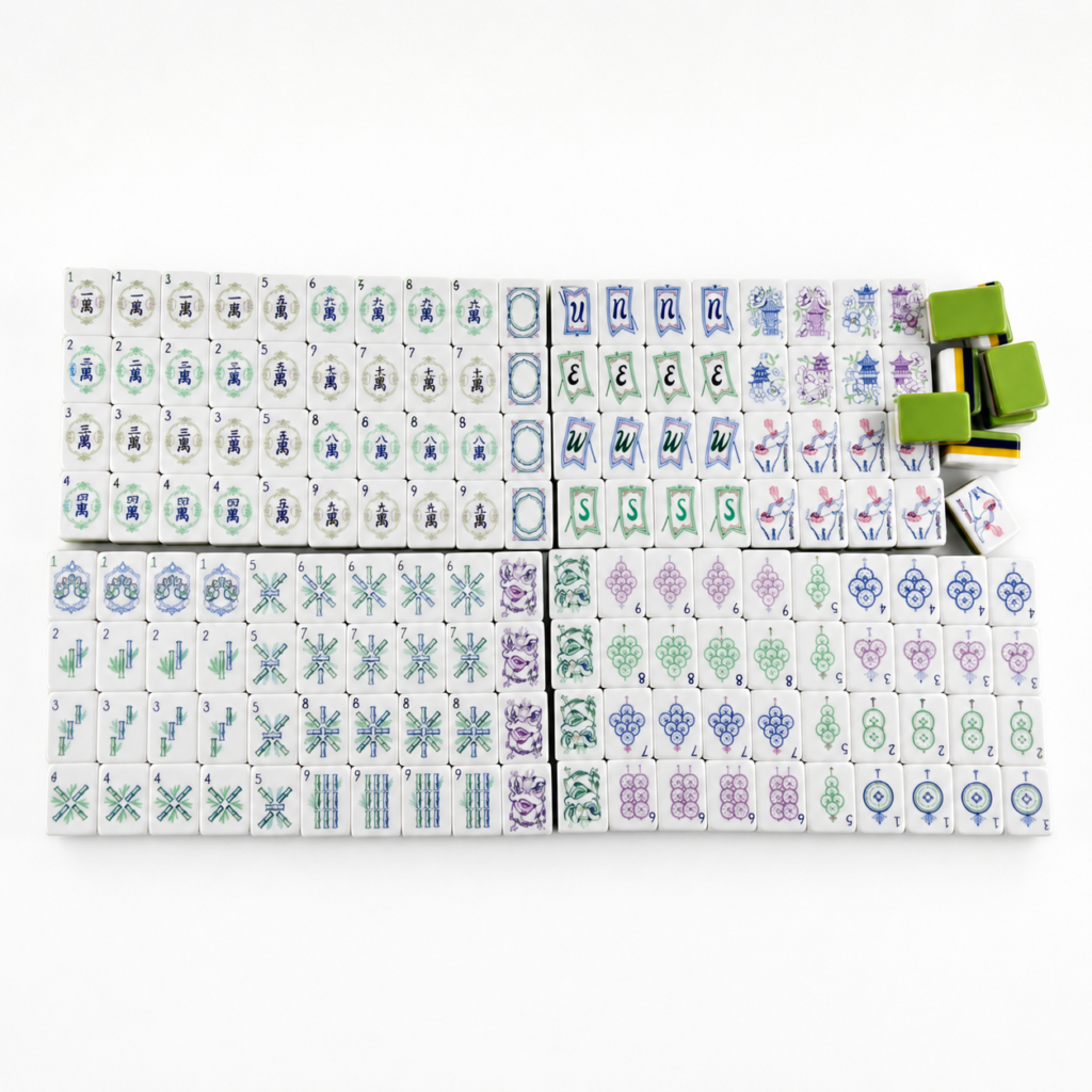 Emerald Elephant acrylic American Mahjong tile set in a high-key studio layout