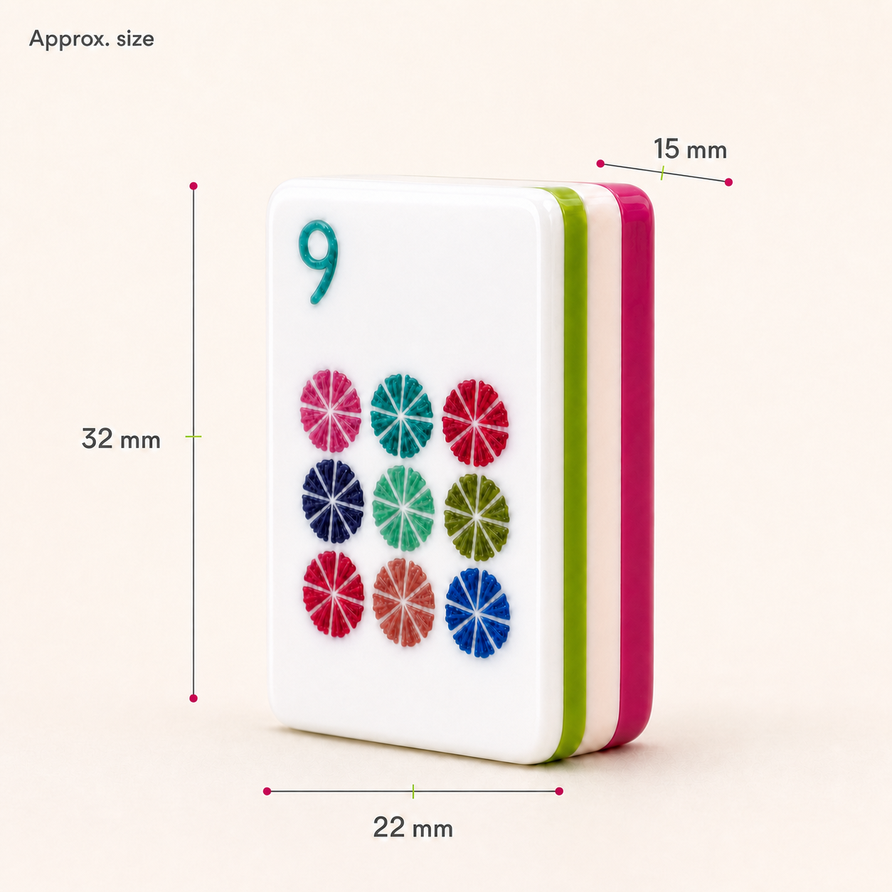 Magenta Garden American Mahjong tile dimensions, approximately 22 × 15 × 32 mm
