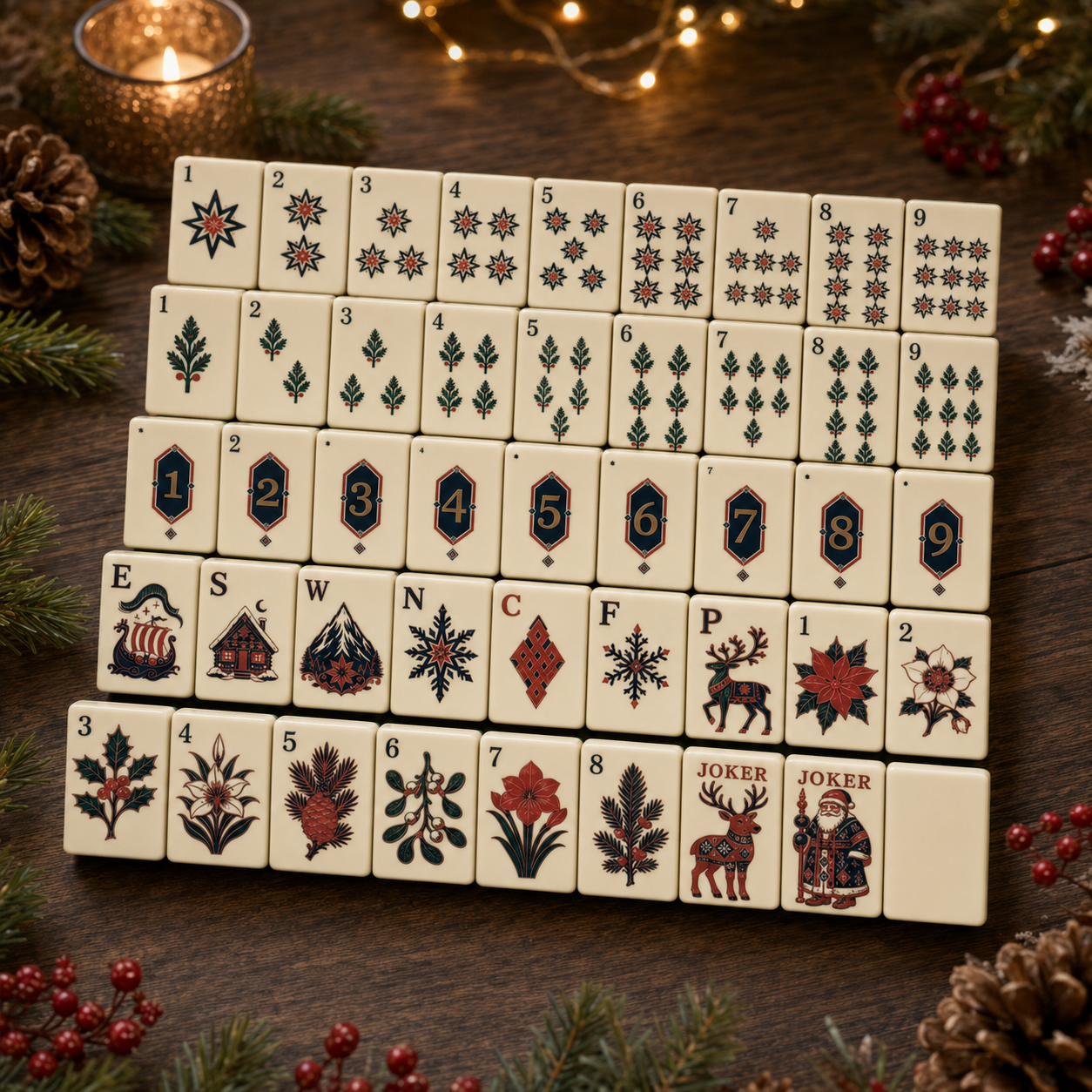 45 distinct Nordic Midnight Christmas Mahjong tile faces