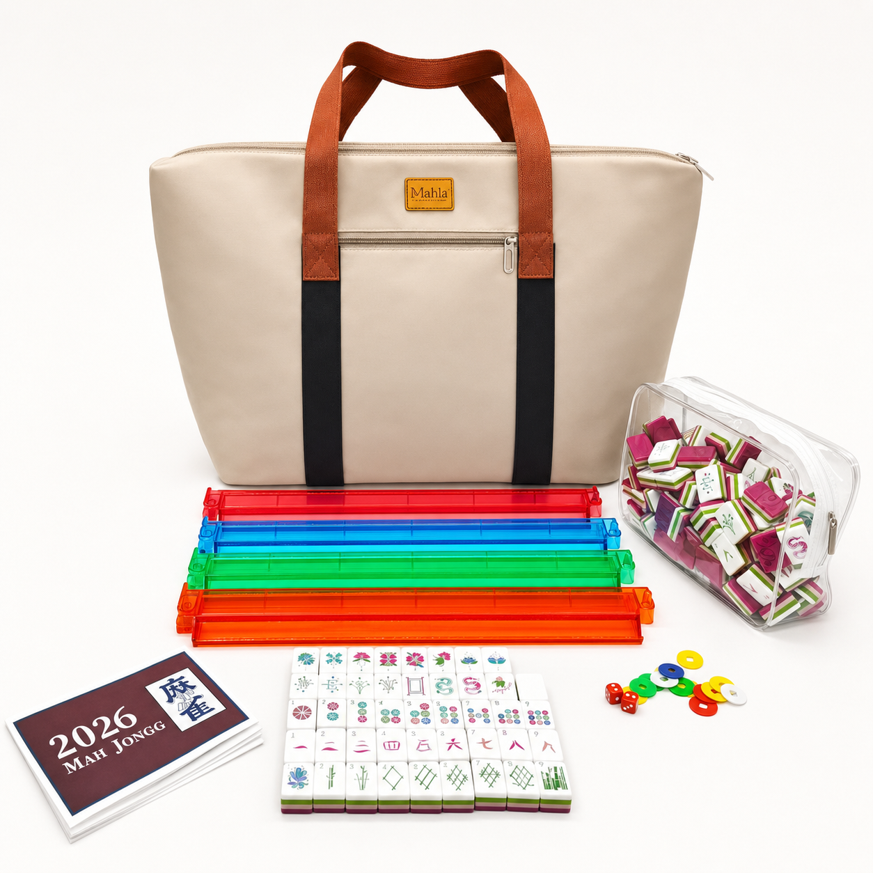 Mahla American Mahjong Starter Set with custom tote, Magenta Garden tiles, racks, card, dice and chips