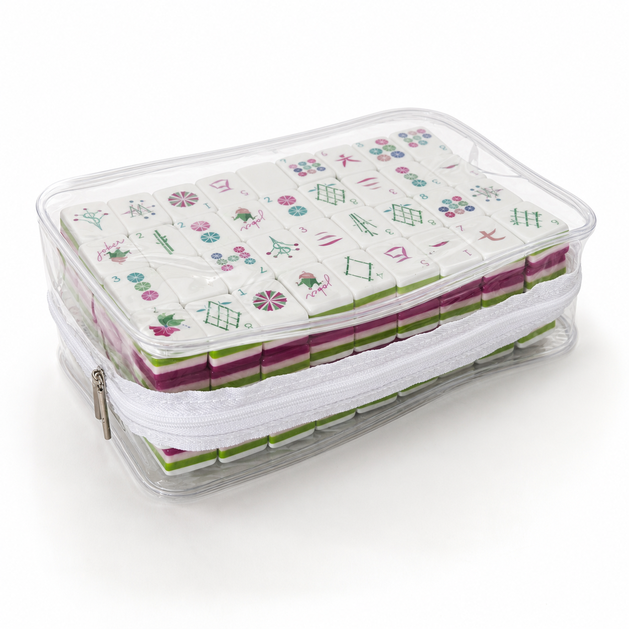 Magenta Garden four-layer American Mahjong tiles arranged in a transparent storage case