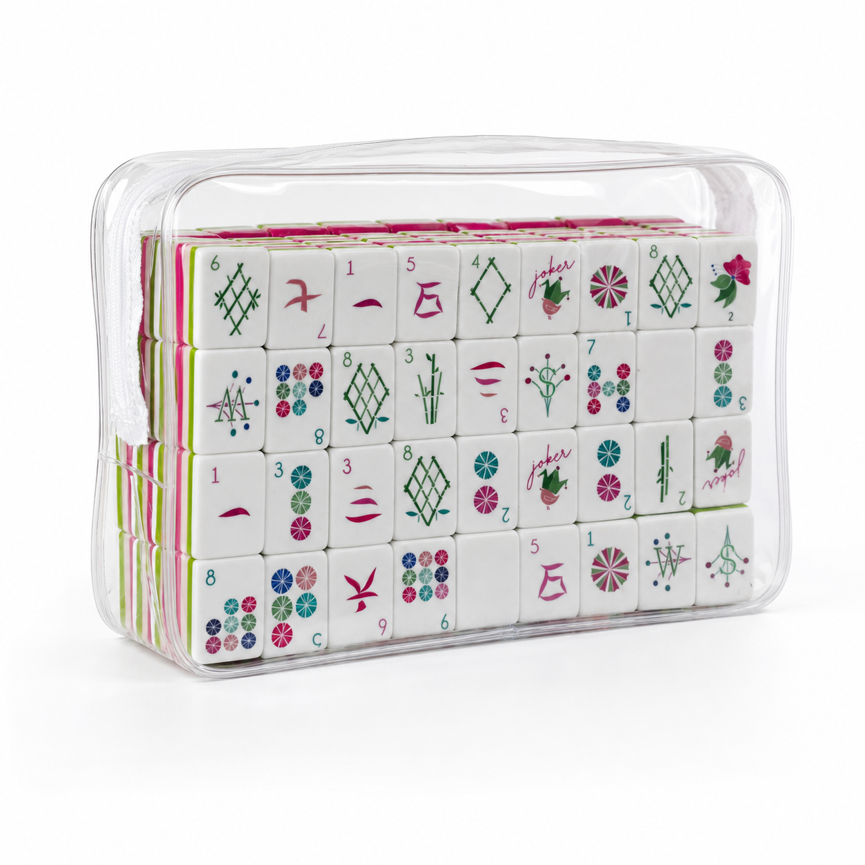 Upright transparent case filled with Magenta Garden American Mahjong tiles