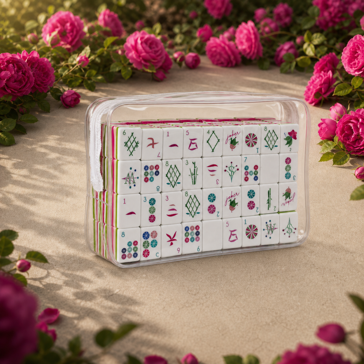 Magenta Garden tiles in a transparent case displayed in a magenta rose garden setting