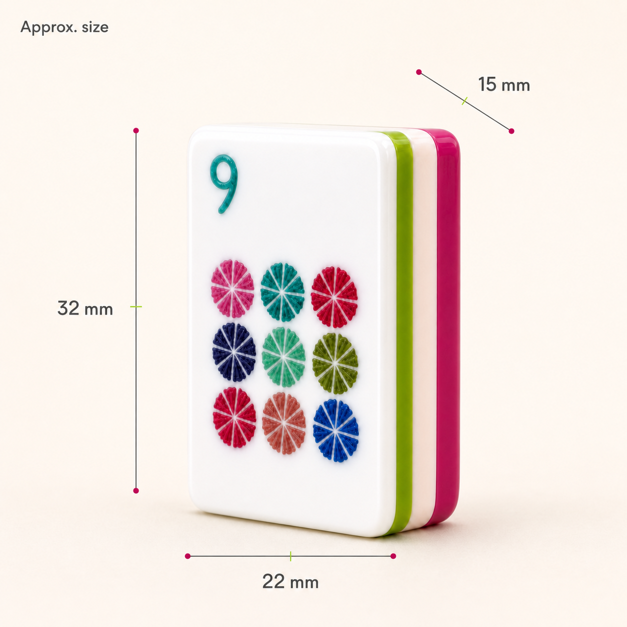 Approximate Magenta Garden tile dimensions: 22 millimeters wide, 15 millimeters deep and 32 millimeters high