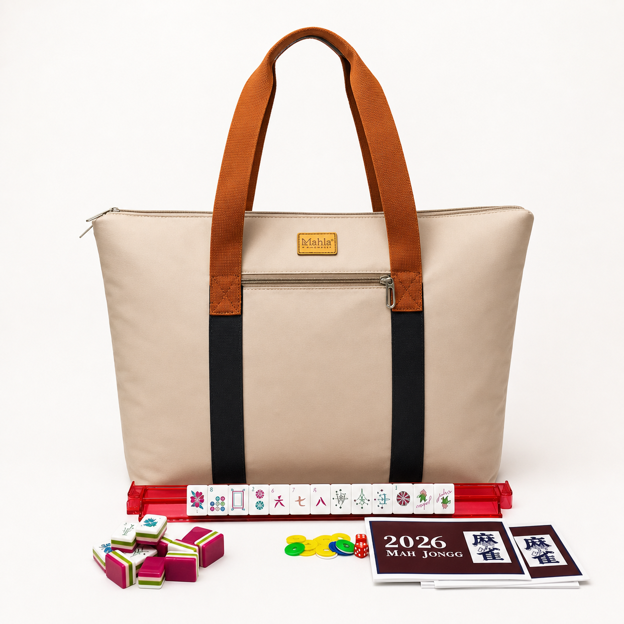 Mahla custom tote with racks, Magenta Garden tiles, dice, chips and 2026 card