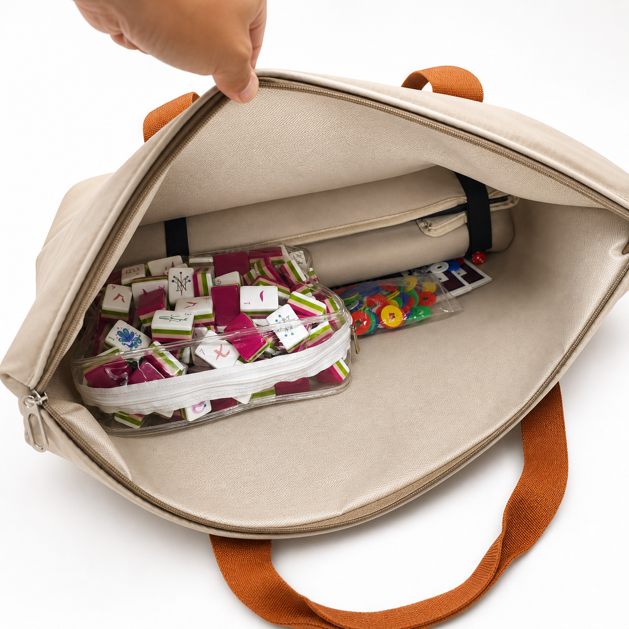 Open Mahla branded tote bag with Magenta Garden tiles and accessories organized inside