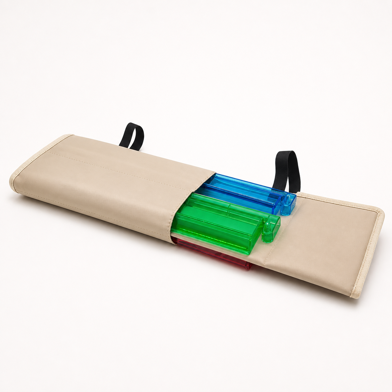 Four colored Mahjong racks with pushers and their fabric storage bag