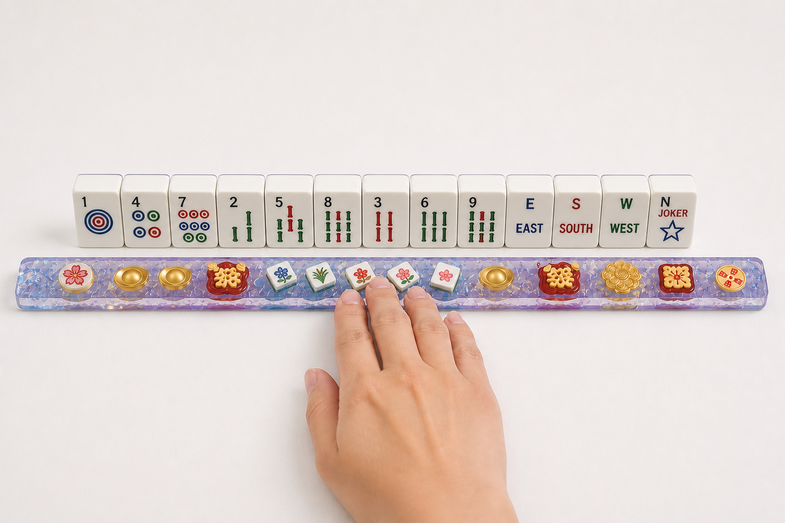 Lucky Mahjong pusher set along the player side of one upright American Mahjong tile row