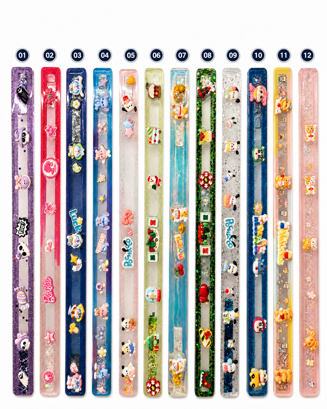 Numbered high-key studio overview of the twelve decorative resin Mahjong pusher styles, from 01 to 12 left to right