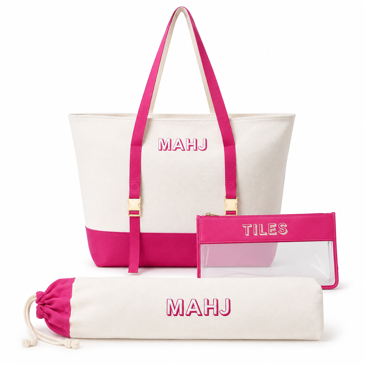 Fuchsia three-piece mahjong storage bag set with tote, clear-front pouch and long drawstring bag