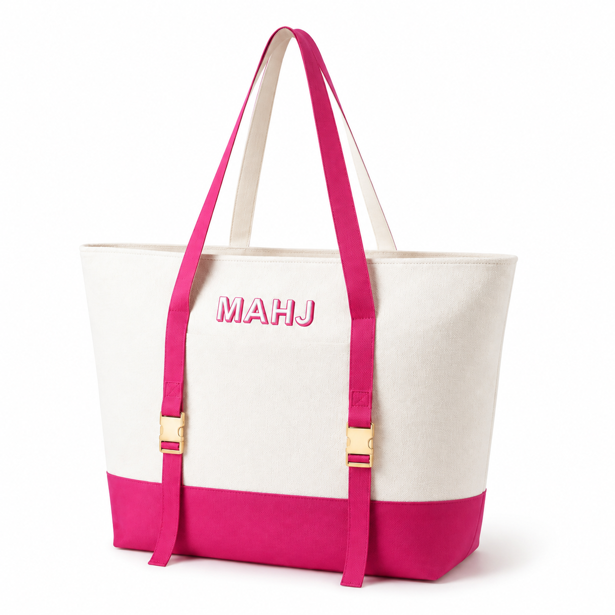 Fuchsia and ivory carryall tote with long shoulder straps and top closure