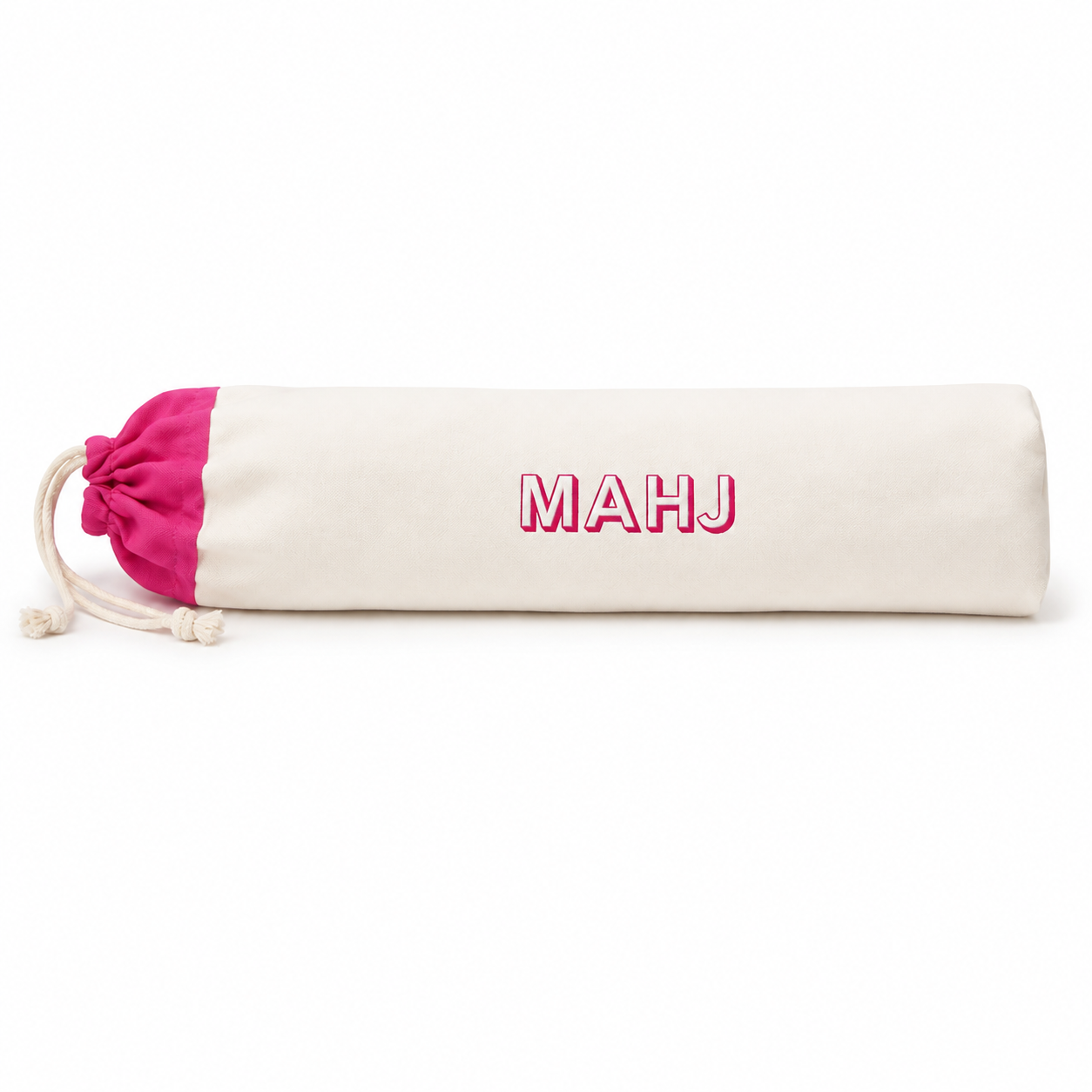 Empty fuchsia and ivory long drawstring storage bag