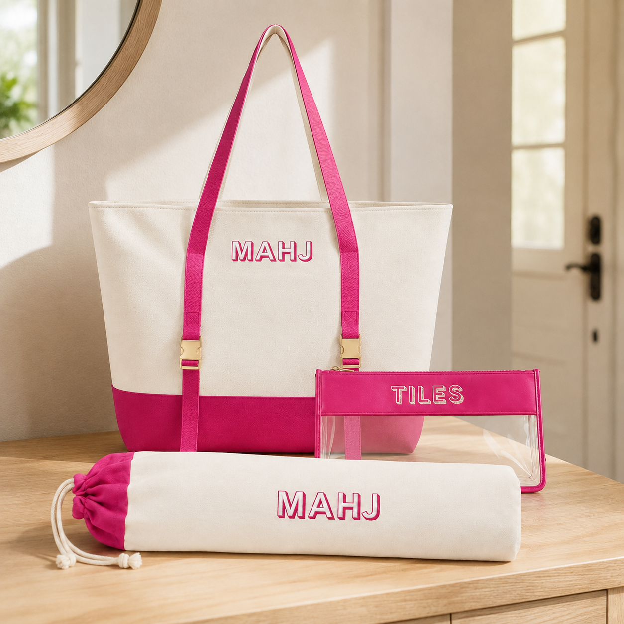 Three-piece Fuchsia storage set arranged empty in a bright room