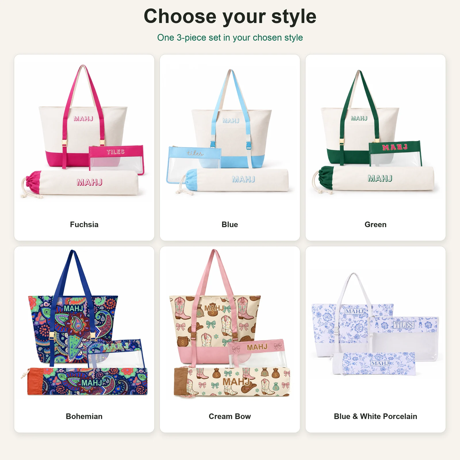 Six available styles of the three-piece Mahjong storage bag set
