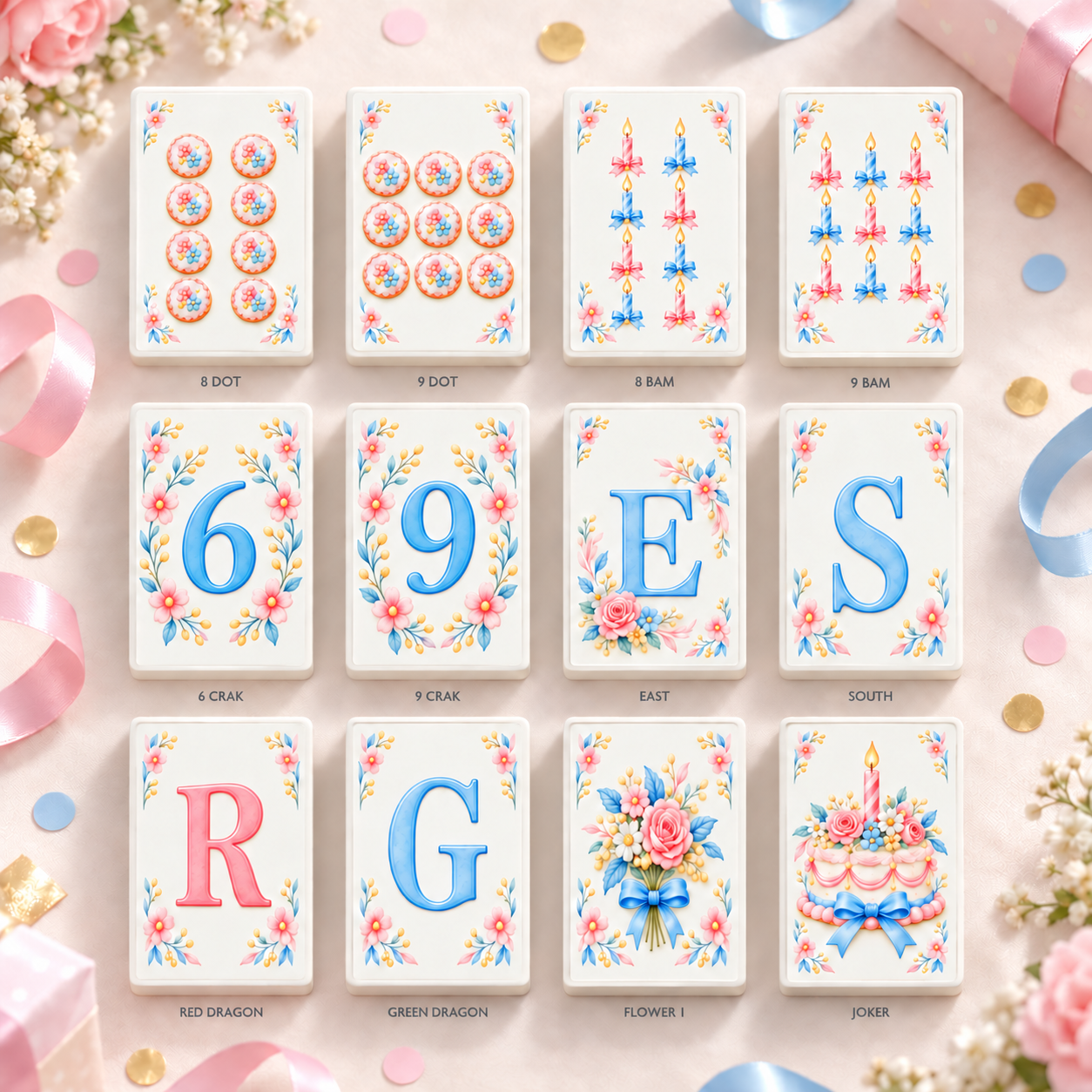 Twelve birthday Mahjong concept tiles with no explanatory tile names on the faces; not a finished product photograph