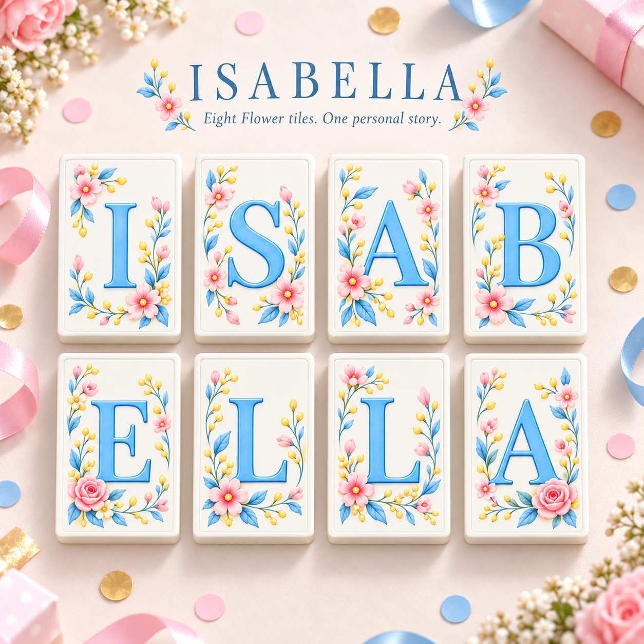 Optional name Flower tile concept: ISABELLA, one letter per tile