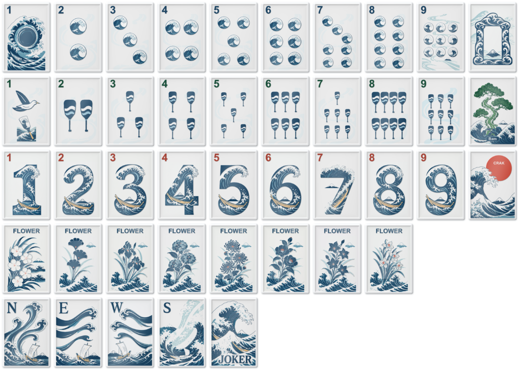 Great Wave Mahjong design visualization: 43 unique tile faces with rounded white frames and blue wave artwork.