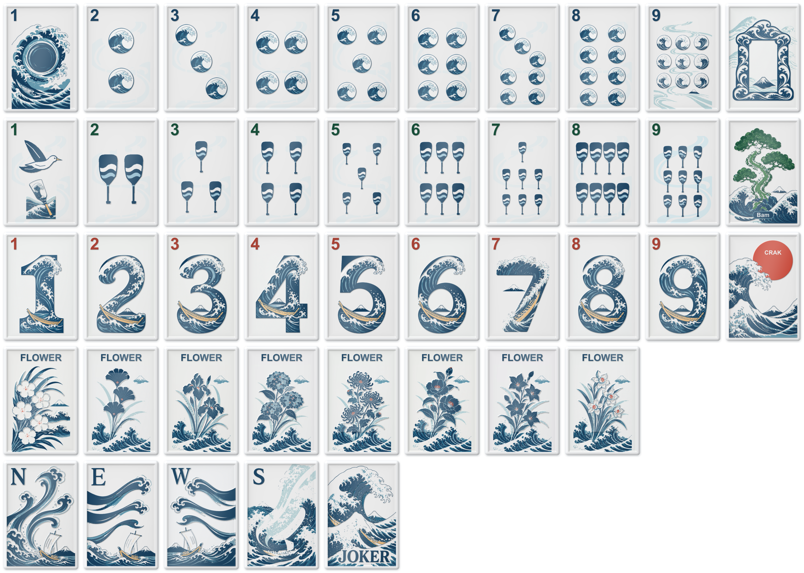 Great Wave Mahjong design visualization: 43 unique tile faces with rounded white frames and blue wave artwork.