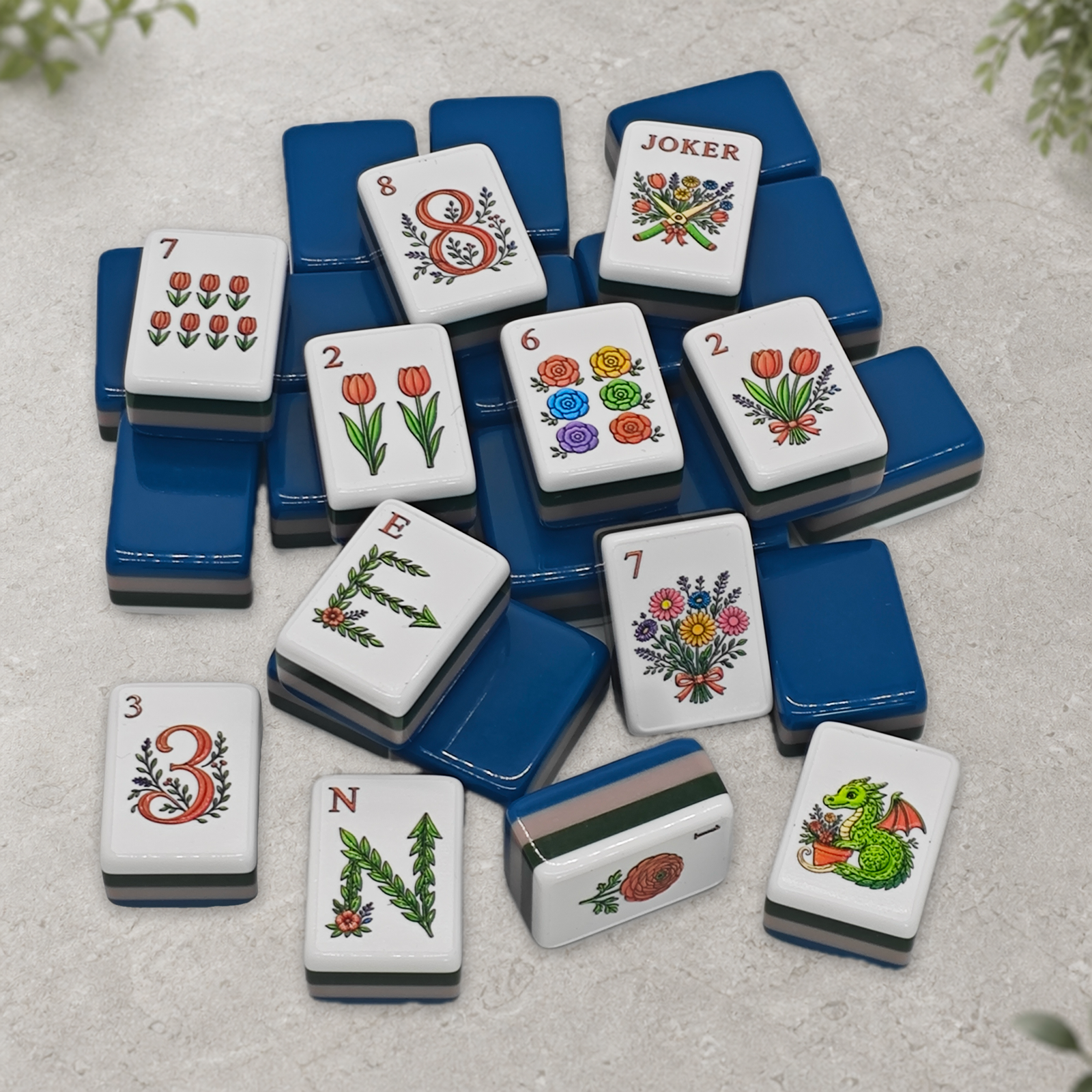 Greenhouse Morning Light sample tiles with botanical scene