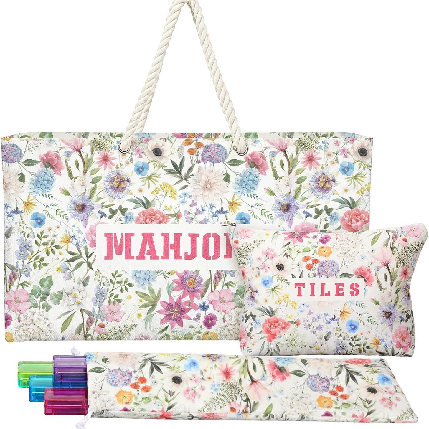 Pink Rose Floral three-piece Mahjong storage bag set with tote, tile pouch and long rack bag