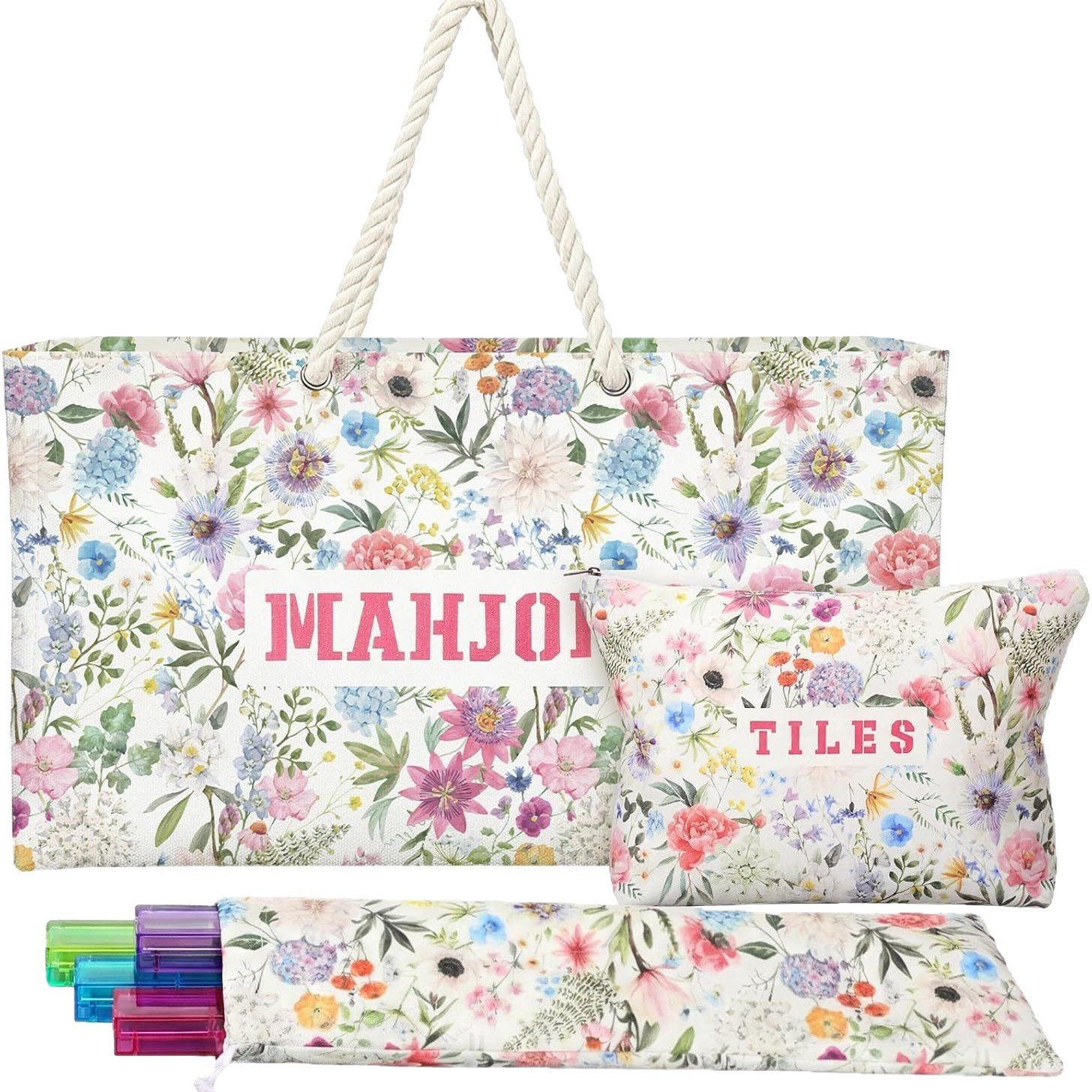 Pink Rose Floral three-piece Mahjong storage bag set