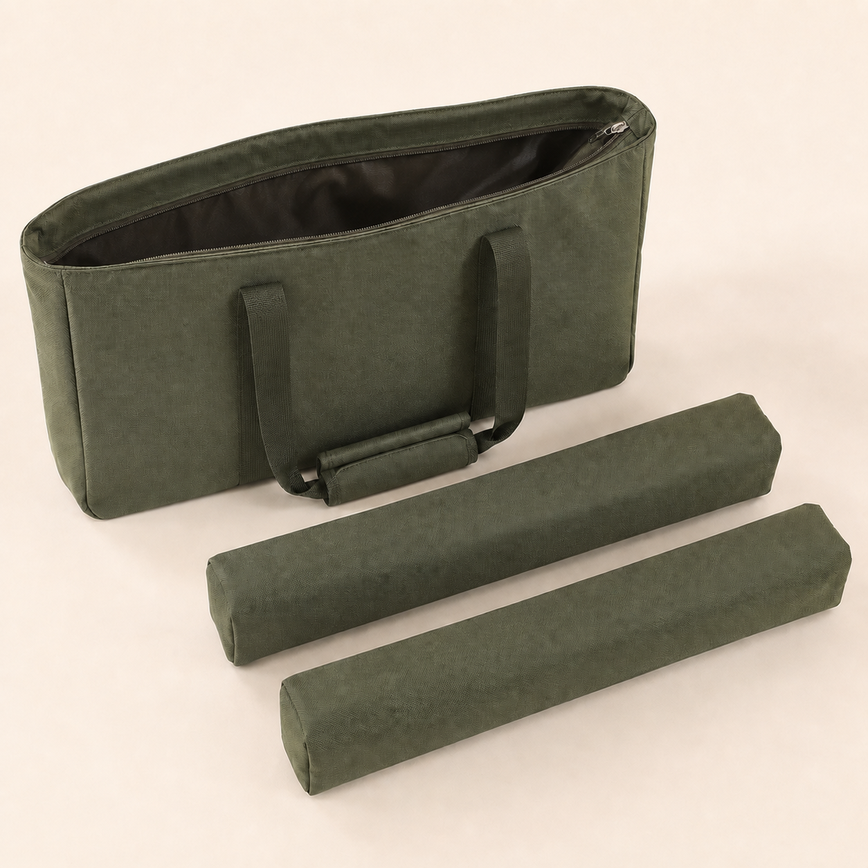 Light Green Mahla storage tote showing its zip-top opening, lined interior and olive green webbing