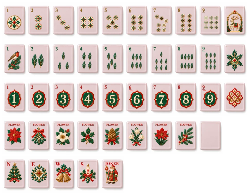 Nordic Midnight pink Christmas American Mahjong 43 unique tile designs and one blank spare design