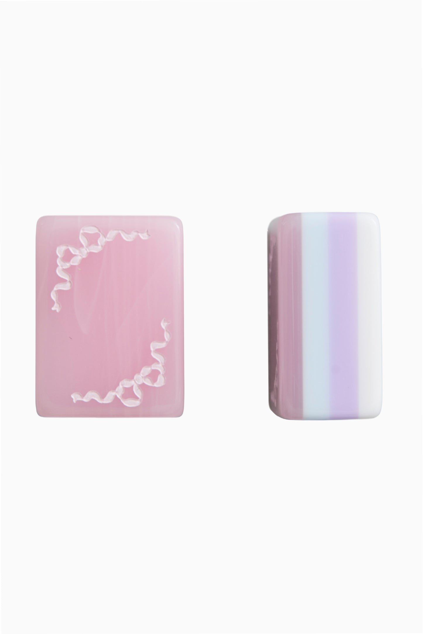 Blush Bow Garden mahjong tiles with pink bow backs, floral faces and pale blue and lilac edges