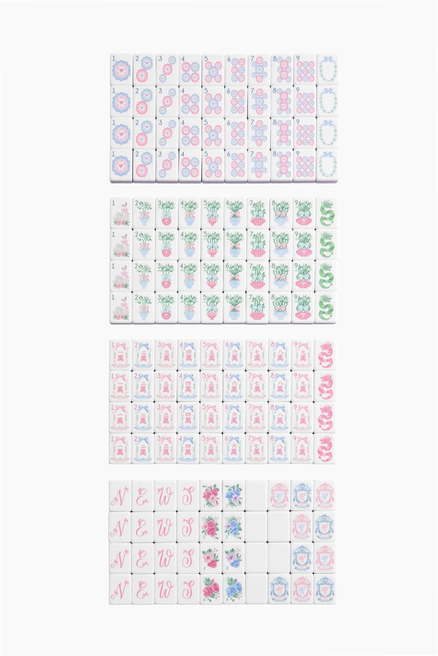 Blush Bow Garden mahjong tiles with pink bow backs, floral faces and pale blue and lilac edges