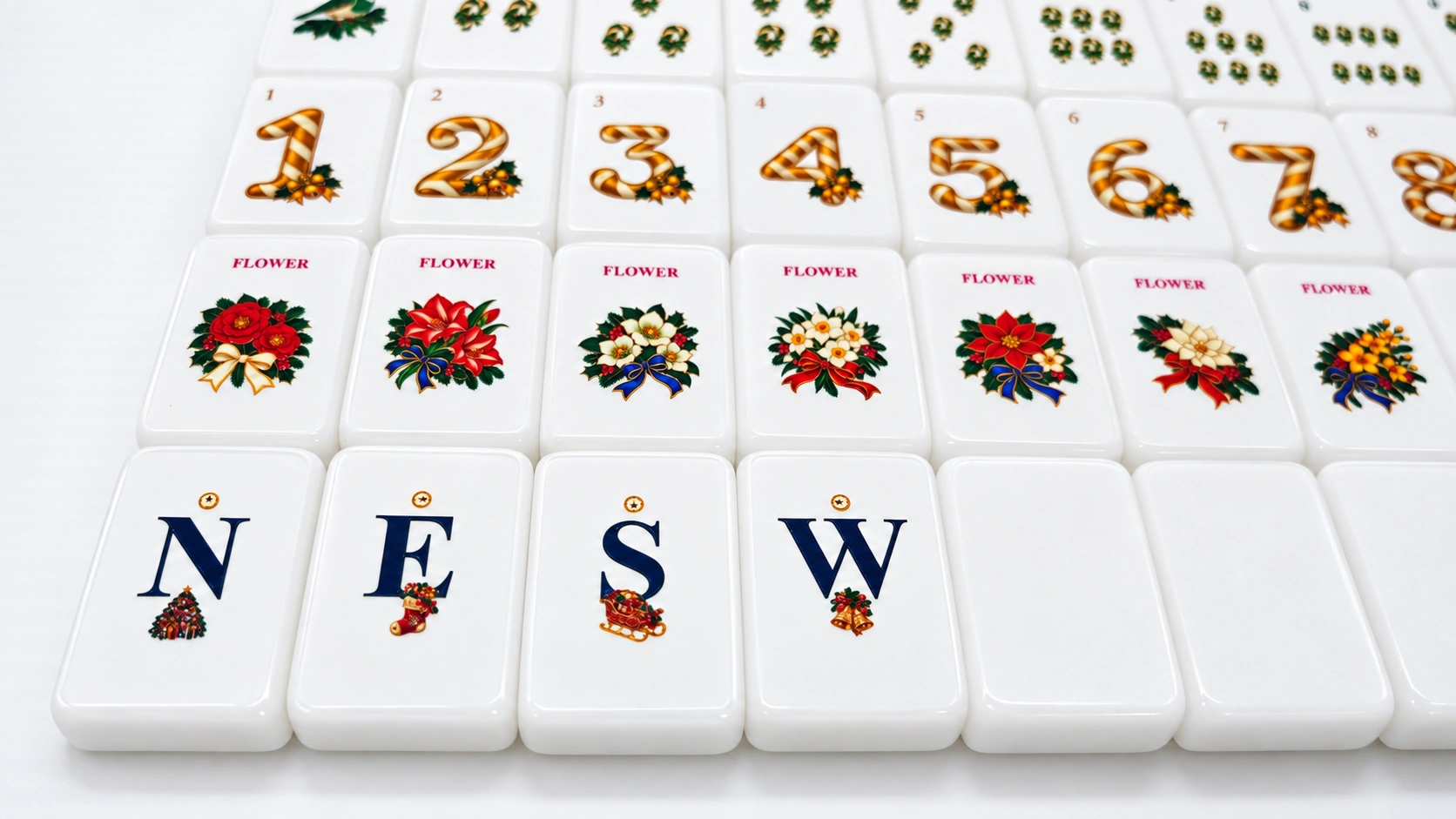 Classic Christmas Jubilee American Mahjong sample — Flowers and North East South West tiles. Studio presentation.