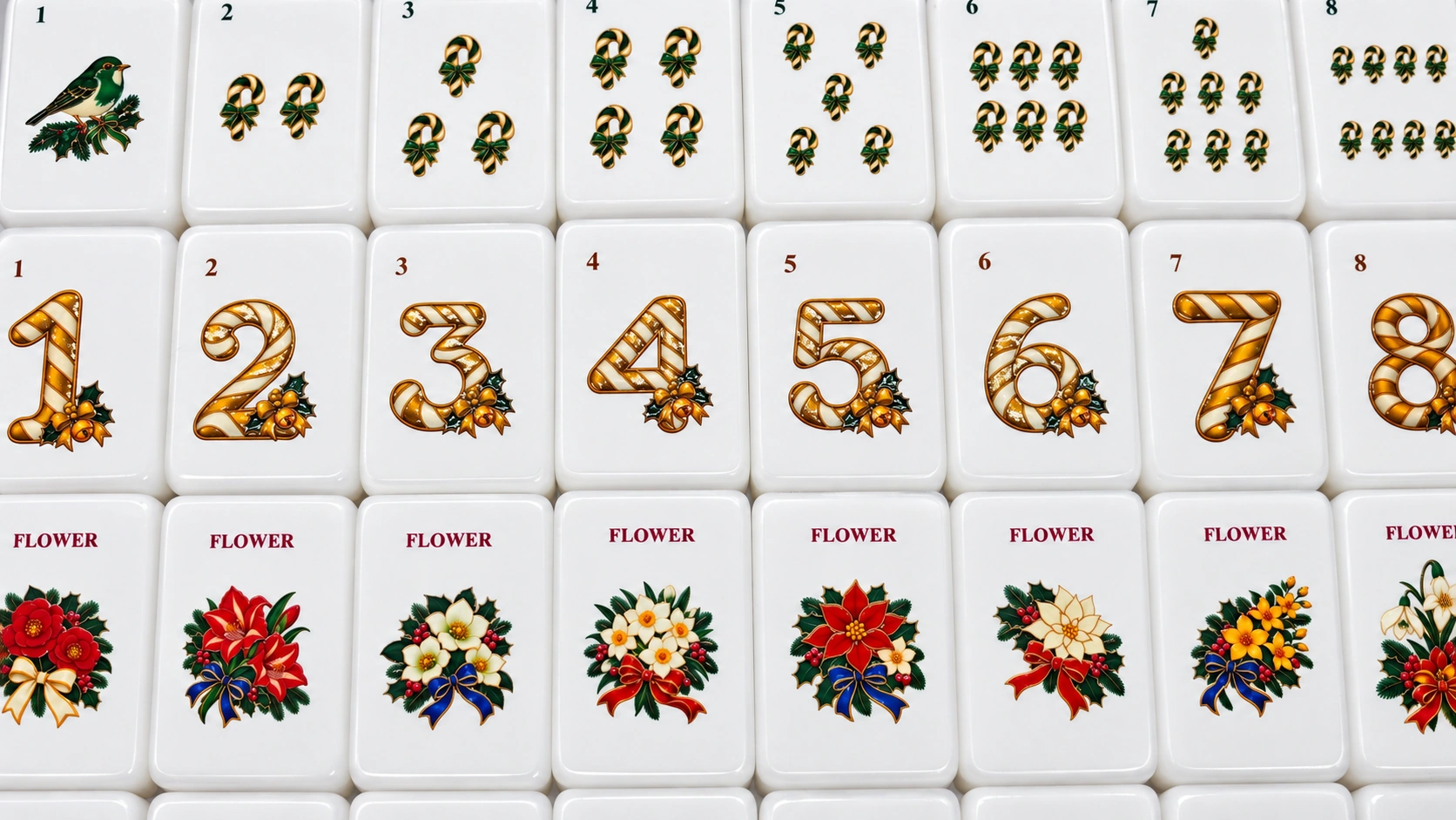 Classic Christmas Jubilee American Mahjong sample — Bam and Crak rows with ribboned Flowers. Studio presentation.