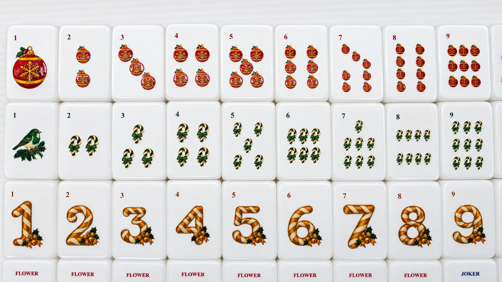 Classic Christmas Jubilee American Mahjong sample — numbered Dot, Bam and Crak suits. Studio presentation.