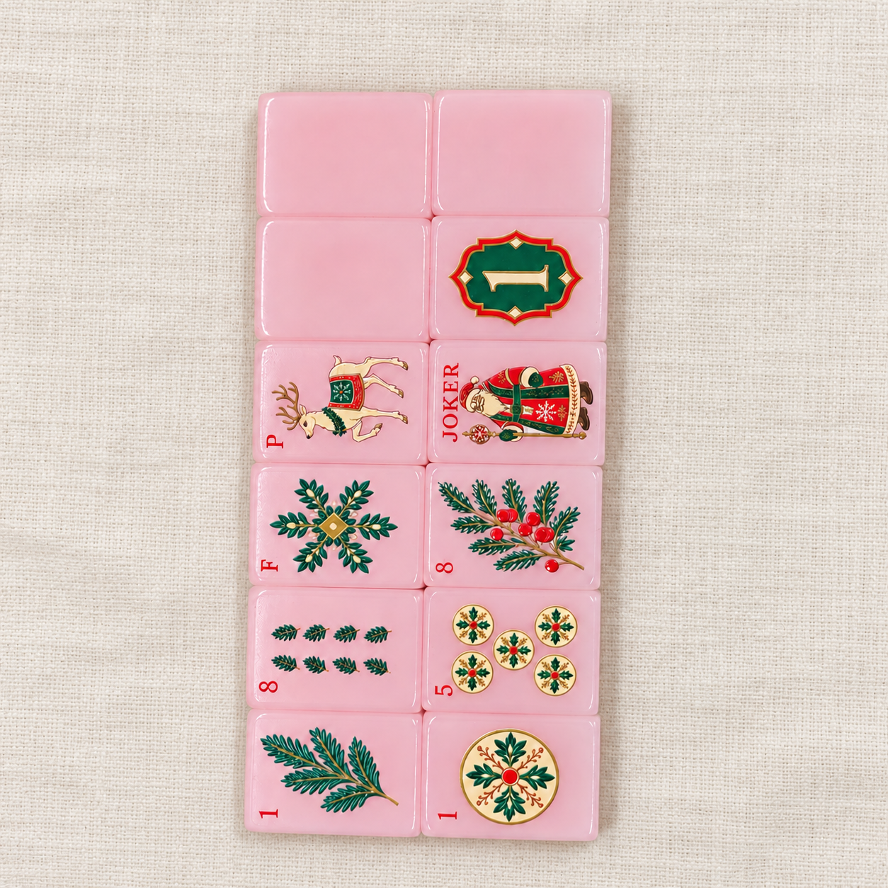 Nordic Midnight Christmas Mahjong — Early sample · pink finish and artwork