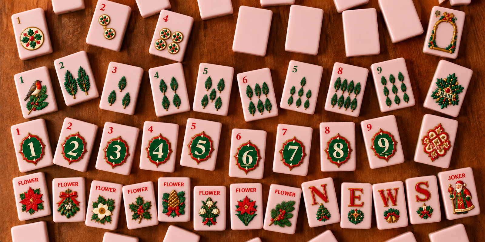 Pink Christmas Mahjong tiles with festive botanical designs arranged on a warm wooden table