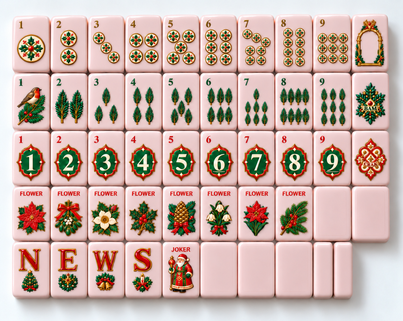 Nordic Midnight Christmas American Mahjong tile faces and seven pink back views