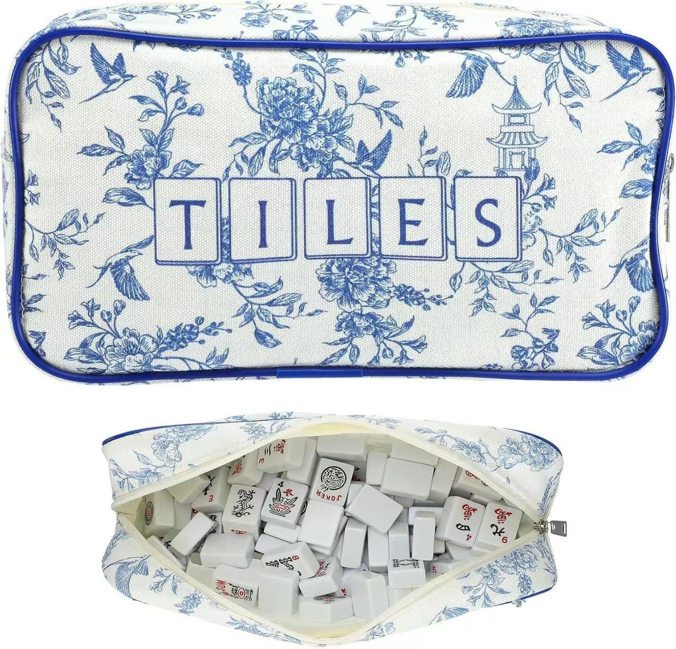 Included blue-and-white TILES zippered Mahjong storage pouch