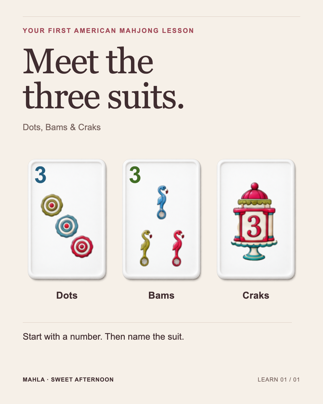 Meet the three suits: Sweet Afternoon 3 Dot, 3 Bam and 3 Crak side by side.