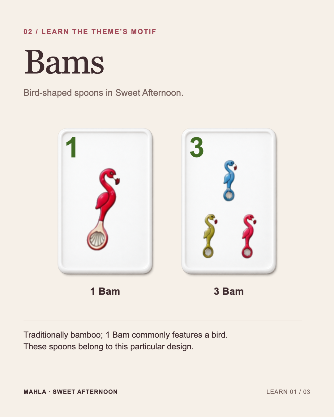 Bams examples in Sweet Afternoon: 1 Bam and 3 Bam illustrated with bird-shaped spoons.